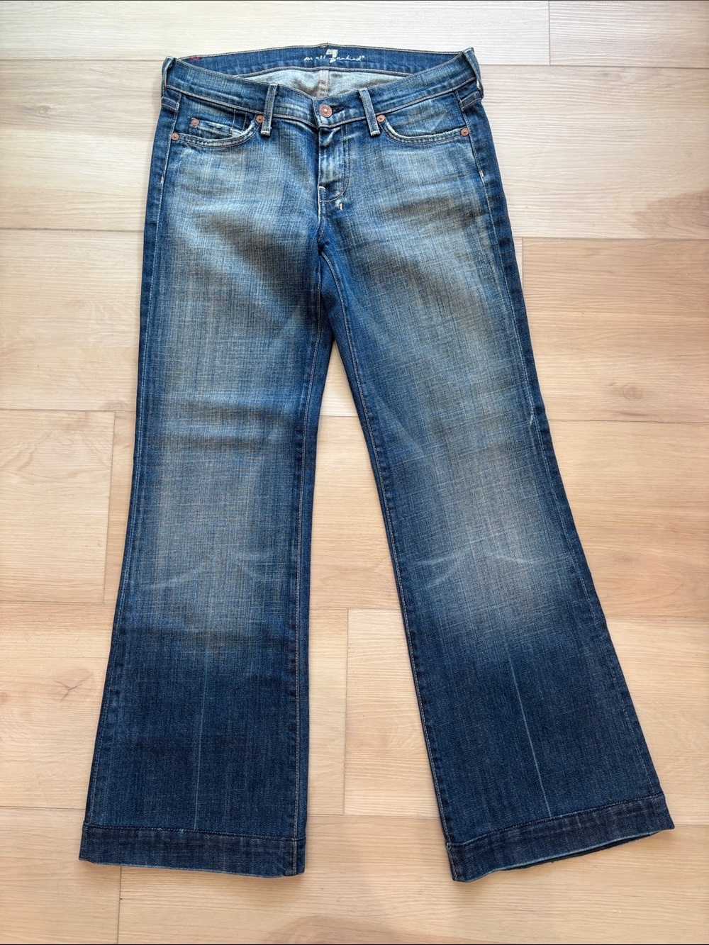 7 For All Mankind Distressed Dark Blue Flare Jeans - Size 27